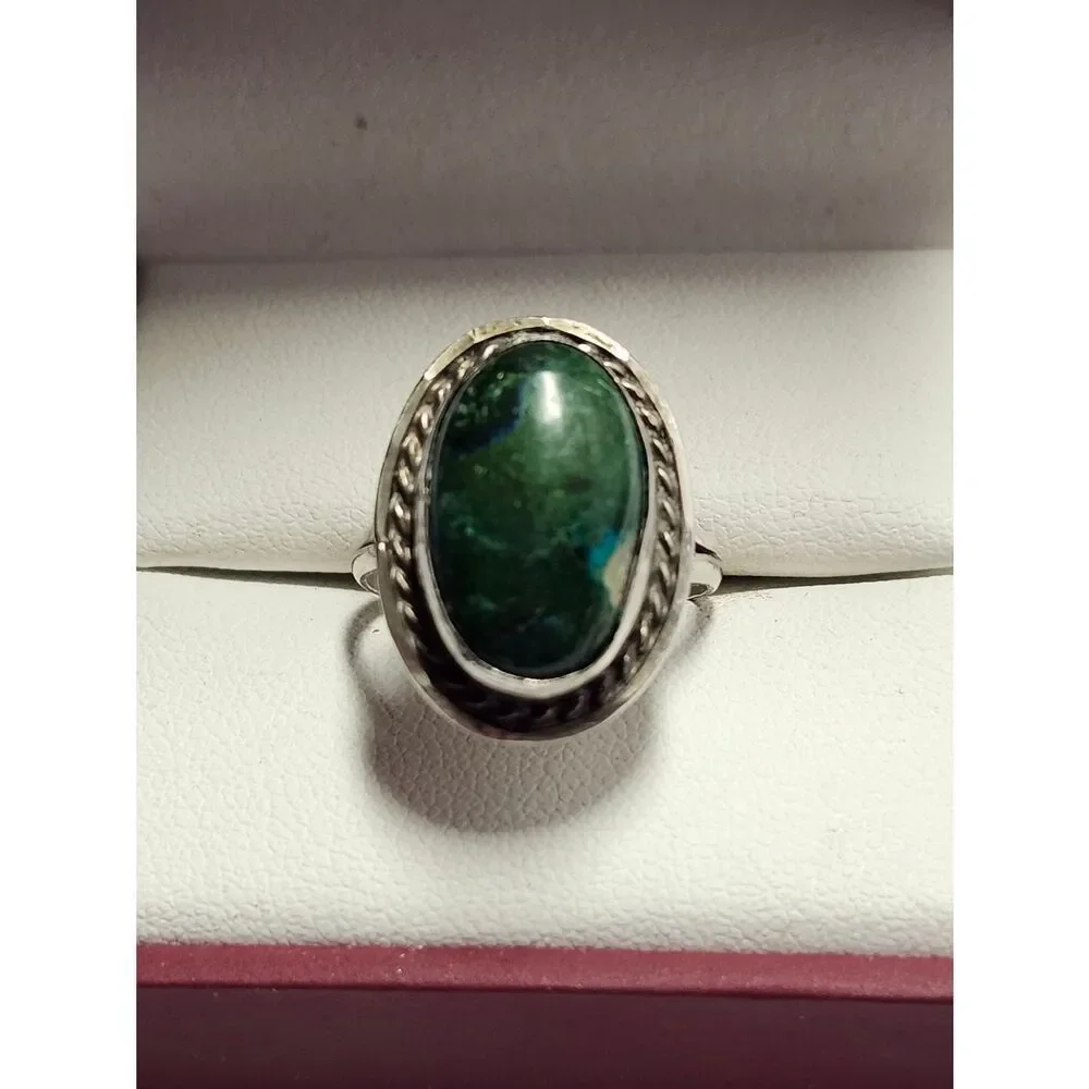VINTAGE MEXICO STERLING SILVER AND CHRYSOCOLLA STONE RING SIZE 7.75